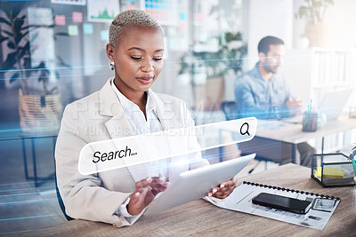 Buy stock photo Woman, business and tablet search engine for information hologram, SEO graphic and iot research. Creative, worker and African employee on digital web technology, internet and office browsing overlay