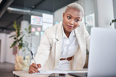 Buy stock photo Business woman, reading research and graphic designer with notes and planning for project. Company, African female person and design strategy in a office writing information for website at agency