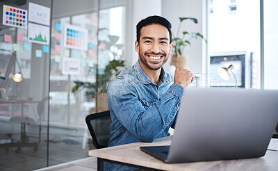 Buy stock photo Portrait, business and man with a laptop, smile and connection with website information, advertising agency and career. Face, happy male person or ad agent with a pc, digital planning and copywriting