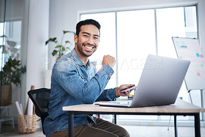 Buy stock photo Business man, laptop and smile in startup office, web design or planning with pride for entrepreneurship. Asian businessman, pc or happy content creator for coding, programming or website development