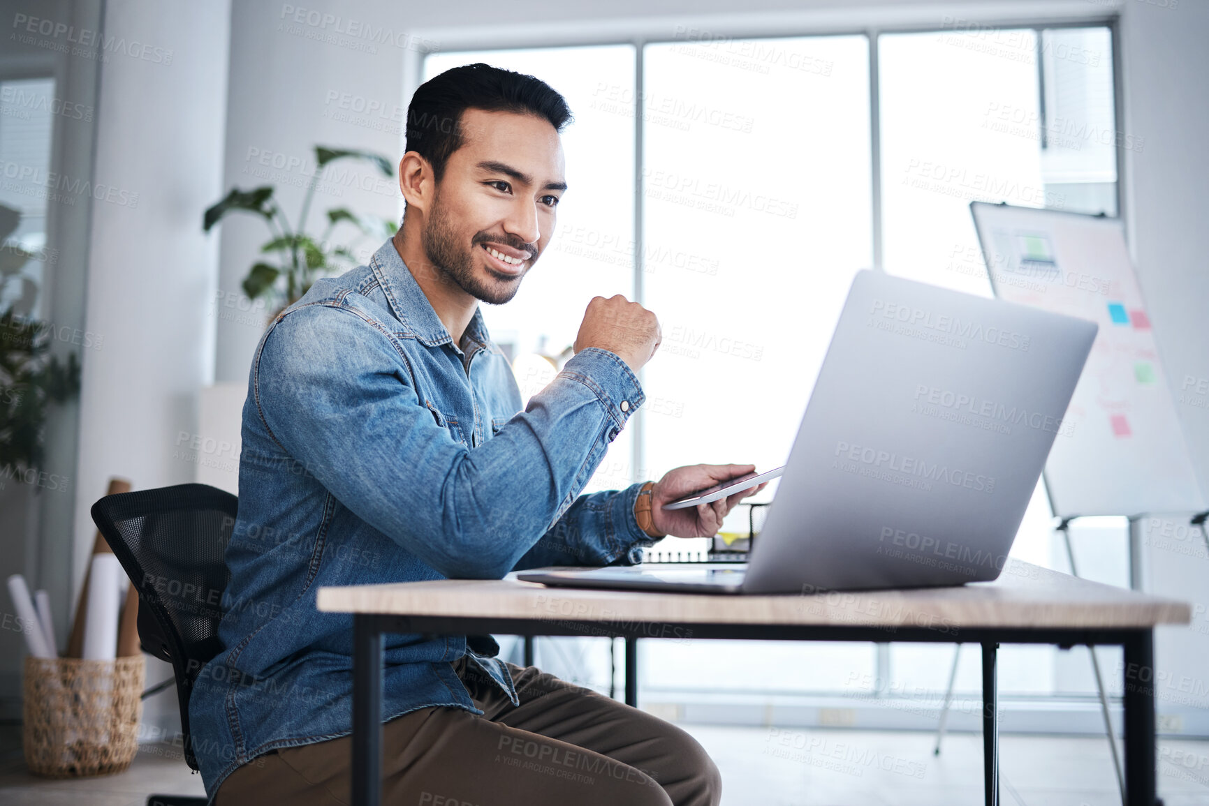 Buy stock photo Thinking, laptop and happy man at desk reading email, online report or research planning at design agency. Business, brainstorming and computer, employee in creative office with internet and smile.