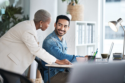 Buy stock photo Business people, asian man and talking to colleague in office for planning project, information and collaboration on laptop. Happy employees, discussion and team conversation on computer in agency