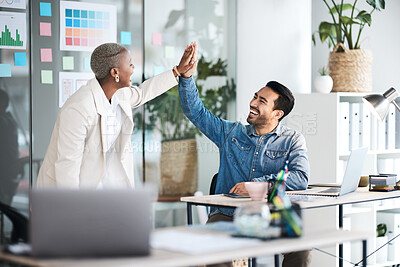 Buy stock photo High five, happiness and business people celebrate teamwork, website design achievement or company success. Office team building, happy winner and excited staff celebration for creative development