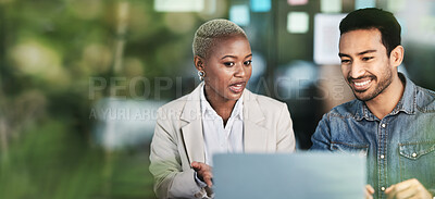 Buy stock photo Business people, team and advice on laptop in office for planning project, information or collaboration on mockup space. Banner of man, woman and employees at computer for feedback in startup company