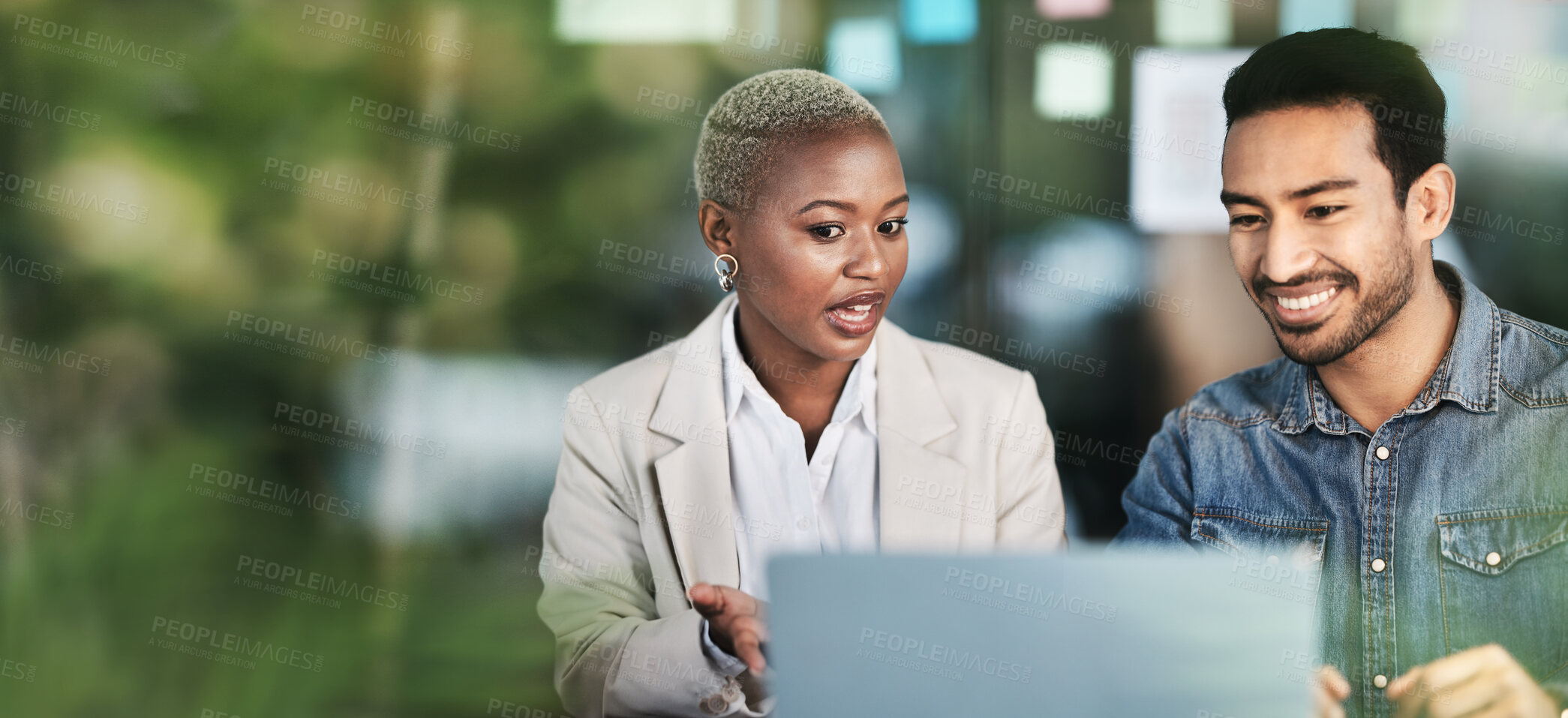 Buy stock photo Business people, team and advice on laptop in office for planning project, information or collaboration on mockup space. Banner of man, woman and employees at computer for feedback in startup company