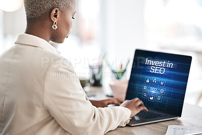 Buy stock photo SEO training, laptop and a business black woman in her office for learning, growth or development. Computer, education and upskill with a young female employee using an online course to study at work