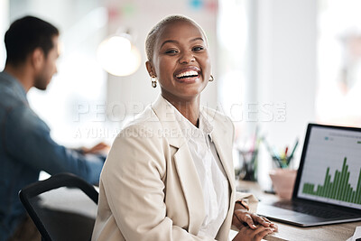 Buy stock photo Portrait of happy woman at desk in coworking space with laptop, notes and work at design agency. Business, smile and data analysis on computer, African girl in office with confidence at startup job.