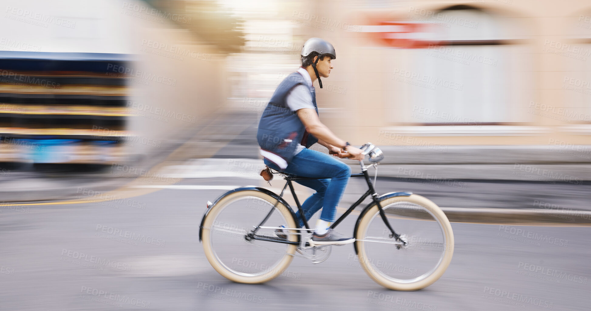 Buy stock photo Student man, bike and city in motion blur, speed and sustainable travel in street for fitness in summer. Young guy, retro bicycle and fast with eco friendly transport in metro, road or outdoor in cbd