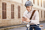 Student man, bicycle and street with phone, thinking and typing on app for blog in city for college in summer. Young guy, retro bike and smartphone with transport on campus, road or social media chat