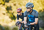 Men, outdoor and mountain bike for friends, vision and thinking with training, exercise or happy in summer. Cyclist athlete, teamwork and bicycle for journey, workout or adventure in woods with smile