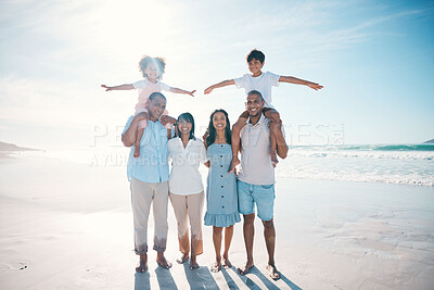 Buy stock photo Holiday, beach and portrait of happy family bonding together at the sea or ocean for love, care and happiness. Travel, sun and parents with children or kids and grandparents on a vacation for freedom