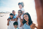 Selfie, beach and portrait of parents and children on holiday, quality time and vacation in nature. Big family, travel and grandparents with mom, dad and kids by ocean for picture, memories and fun