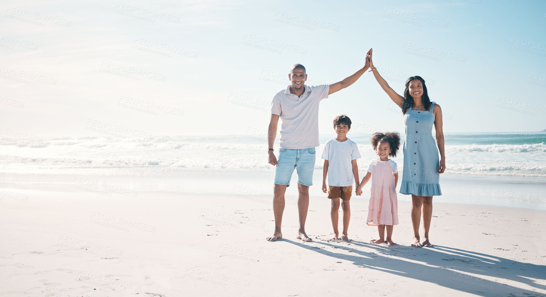 Buy stock photo Support, beach and portrait of parents and children on holiday, quality time and vacation in nature. Happy family, travel and mother, father and kids relax by ocean for love, shelter and childcare