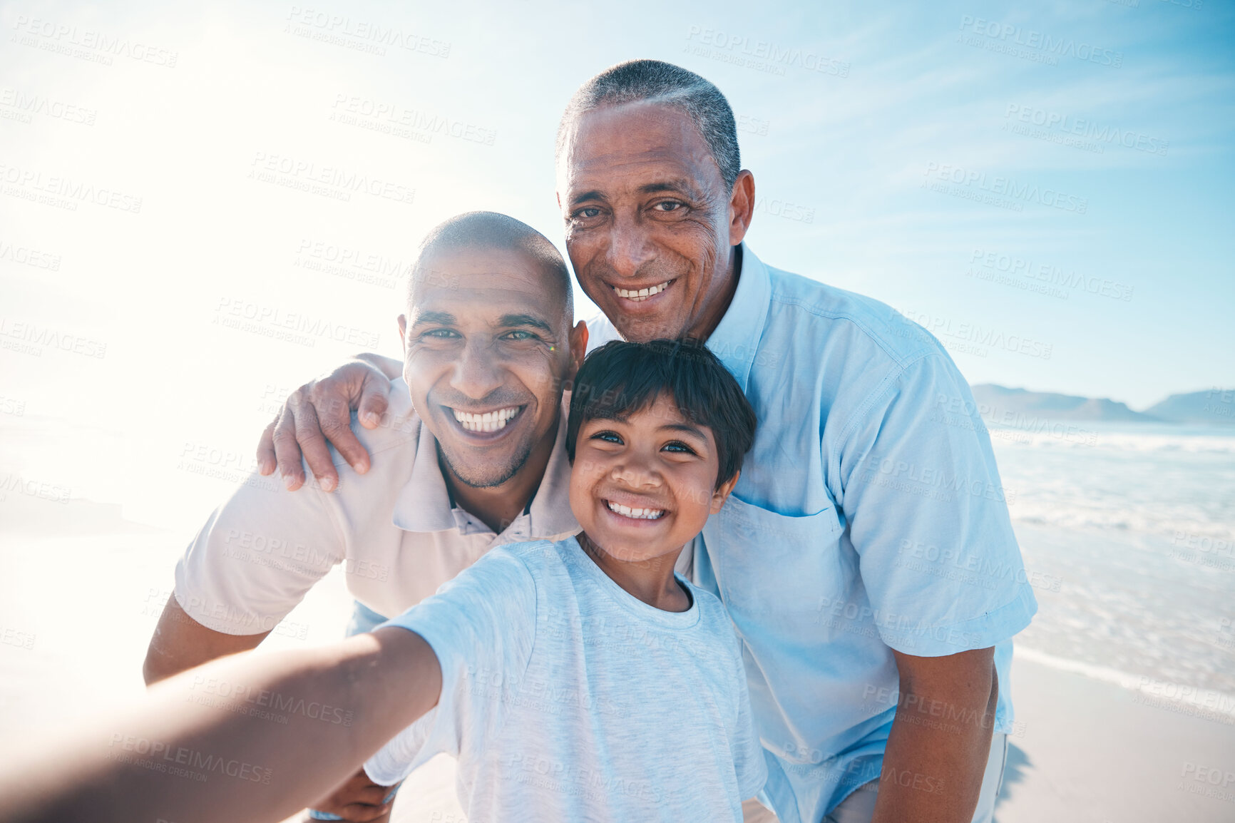 Buy stock photo Grandfather, beach and selfie of father and boy on holiday, weekend and vacation in nature. Happy family, travel and portrait of grandpa, dad and child relax by sea for bonding, quality time and fun