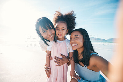 Buy stock photo Selfie of mother, daughter and grandmother on the beach together during summer for vacation or bonding. Portrait, family or children and a little girl in nature with her parent and senior grandparent