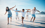 Fly, beach and happy family running on vacation together at sea or ocean bonding for love, care and happiness. Summer, sun and parents with children or kids and grandparents on holiday for freedom