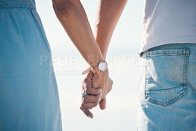 Buy stock photo Couple, holding hands and love outdoor with trust, comfort and hope, empathy and kindness. Together, support and man with woman for family, solidarity and bond, loyalty and marriage commitment 