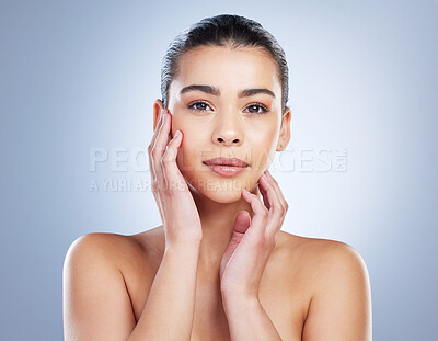 Buy stock photo Skincare, health and portrait of woman with a natural, wellness and beauty facial routine in a studio. Cosmetic, self care and female model with dermatology face treatment isolated by gray background