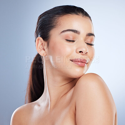 Buy stock photo Makeup, body care and asian woman in studio with glowing skin, treatment or satisfaction on grey background. Self love, wellness and female model relax with natural cosmetics, smile or beauty results