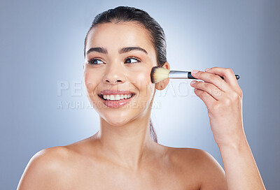 Buy stock photo Makeup, brush and happy asian woman studio with cheek tool, cosmetics and application on grey background. Face, smile and lady wellness model with beauty, glamour or contour, results or cover routine