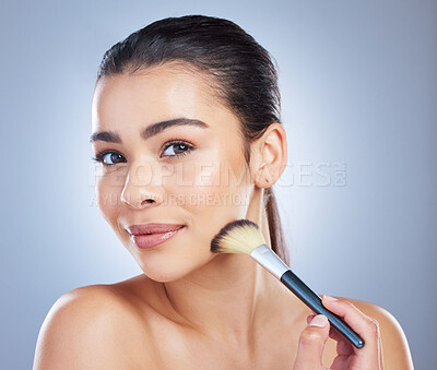 Buy stock photo Makeup, brush and asian woman portrait in studio with cheek tool, cosmetics or application on grey background. Face, shade and lady wellness model with beauty, glamour or contour, results or cover