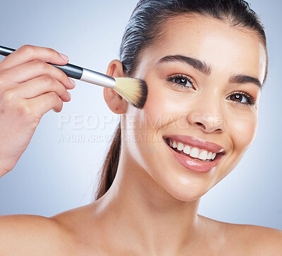 Buy stock photo Beauty, cosmetic and portrait of woman with a makeup brush in studio for glamour facial routine. Self care, happy and young female model from Brazil with cosmetology face isolated by gray background.