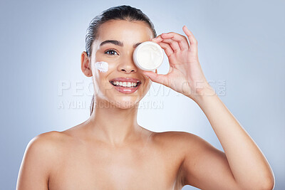 Buy stock photo Skincare, portrait and happy woman with face cream in studio for anti aging, wellness or hydration on grey background. Facial, smile and asian female model with sunscreen, lotion or beauty cosmetics