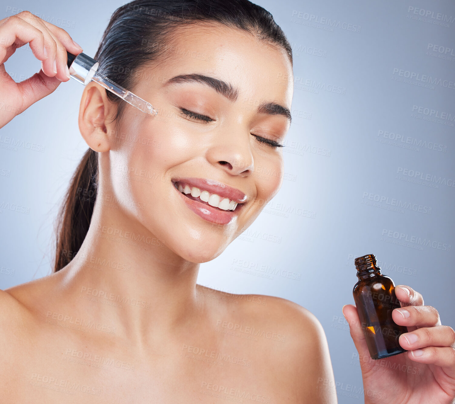 Buy stock photo Skincare, oil serum and face of woman in studio for wellness, health and product. Dermatology aesthetic, salon and female with liquid pipette, vial or dropper for moisturizer, cosmetics and beauty