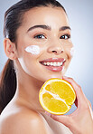 Lemon, skincare and woman portrait with face cream in studio for wellness or cosmetic mask on grey background. Fruit, smile and lady with dark spots facial, melasma or acne prevention or sunscreen