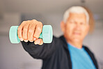 Old man, hand or dumbbell fitness workout for power, exercise and strong arms in retirement. Activity closeup, gym blur or senior person training with weights for healthy life, wellness or mobility 