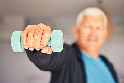 Buy stock photo Old man, hand or dumbbell fitness workout for power, exercise and strong arms in retirement. Activity closeup, gym blur or senior person training with weights for healthy life, wellness or mobility 