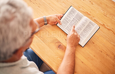 Buy stock photo Above, reading book or old man with holy bible for worship, support or hope in Christianity faith in retirement. Jesus, God or senior person studying or learning gospel prayer in spiritual religion 