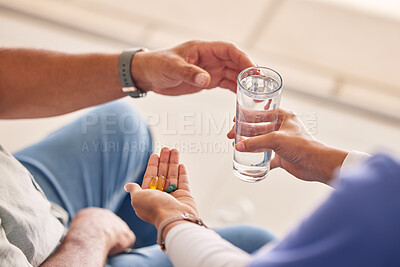 Buy stock photo Hands with pills, old man and nurse with water for supplements, support and help at nursing home. Medicine, senior care and caregiver with sick patient, tablet and glass for healthcare in retirement 