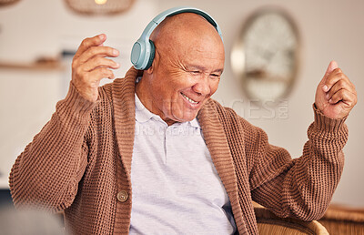 Buy stock photo Music, headphones or happy old man listening to radio playlist to relax in house to enjoy retirement. Home, freedom or senior person dancing, smiling or streaming sound, song or audio on break alone
