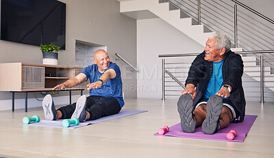Buy stock photo Elderly, home or men stretching legs for fitness together for training, exercise or workout with wellness. Happy retirement, smile or senior friends with teamwork for health, warm up or flexibility