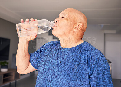 Buy stock photo Home, fitness or senior man drinking water for wellness, hydration or exercise recovery in retirement. Training, fatigue or thirsty mature person drinks healthy h2o liquid on a workout break to relax