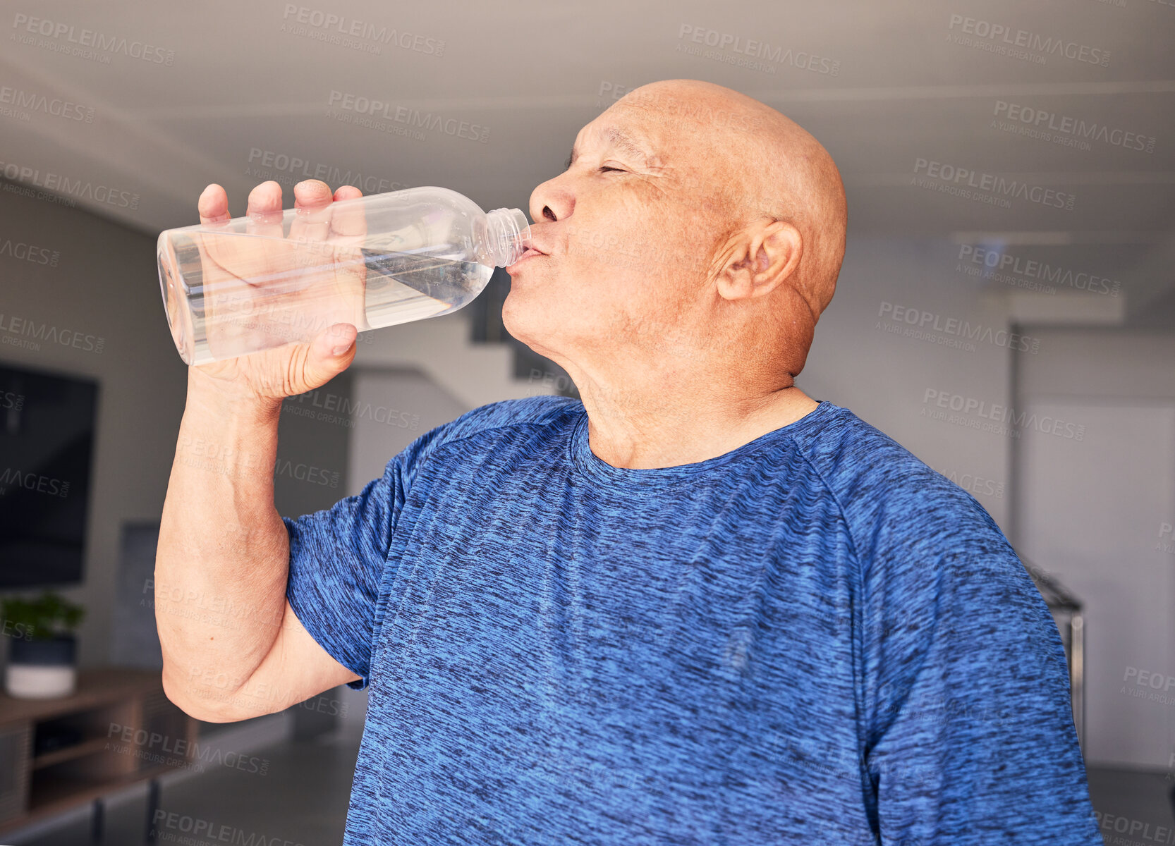 Buy stock photo Home, fitness or senior man drinking water for wellness, hydration or exercise recovery in retirement. Training, fatigue or thirsty mature person drinks healthy h2o liquid on a workout break to relax