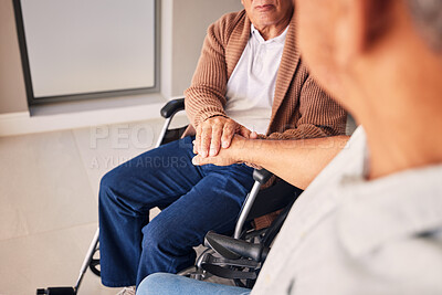 Buy stock photo Wheelchair disability, support and elderly people holding hands for support, empathy and senior care in retirement home. Rehabilitation, love and disabled friends together with compassion, trust and