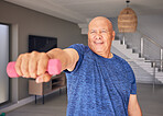 Dumbbell, hand or old man in home fitness workout for power, exercise or strong arms in retirement. Activity, gym or elderly person training or lifting weights for healthy body, wellness or mobility 