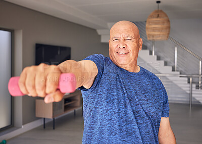 Buy stock photo Dumbbell, hand or old man in home fitness workout for power, exercise or strong arms in retirement. Activity, gym or elderly person training or lifting weights for healthy body, wellness or mobility 