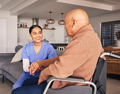 Buy stock photo Nurse support disabled man in wheelchair with medical trust, wellness and aid in nursing home. Happy caregiver, patient and disability service for healthcare, rehabilitation and helping in retirement