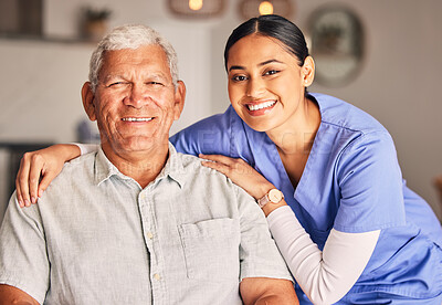Buy stock photo Happy woman, nurse and portrait of senior man with support, medical service and helping patient in retirement. Face of caregiver, elderly person and smile for trust, healthcare and nursing home