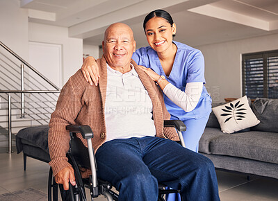 Buy stock photo Portrait, nurse and man with disability in wheelchair for medical trust, wellness advice and support at home. Happy patient, caregiver and woman for healthcare, rehabilitation service and helping 