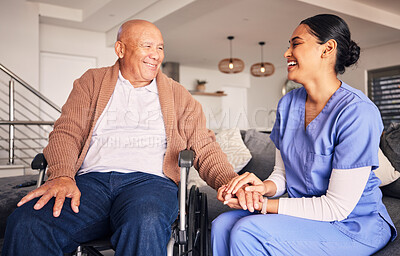 Buy stock photo Happy nurse helping man in wheelchair with medical trust, therapy and support in retirement home. Patient with disability, caregiver and woman smile with empathy for rehabilitation service in nursing