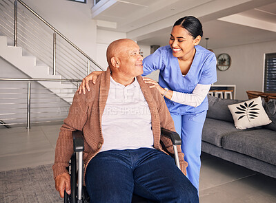 Buy stock photo Nurse, smile and man with disability in wheelchair for medical trust, nursing therapy and support at home. Happy patient, caregiver and woman in healthcare, rehabilitation service and retirement help