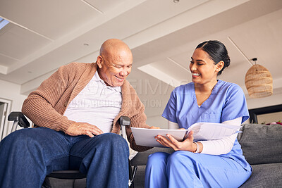 Buy stock photo Old man, wheelchair or caregiver reading medical records, history or healthcare documents at nursing home. Smile, documents or happy nurse showing senior patient or elderly person with a disability 