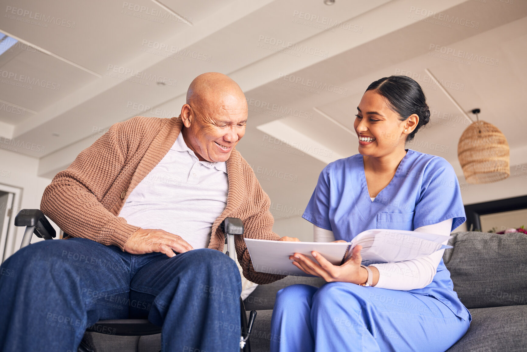 Buy stock photo Old man, wheelchair or caregiver reading medical records, history or healthcare documents at nursing home. Smile, documents or happy nurse showing senior patient or elderly person with a disability 