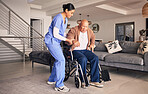 Nurse helping man in wheelchair, home and trust for medical service, physical therapy and support in retirement.  Caregiver, woman and aid old patient with disability, rehabilitation and healthcare