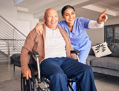 Buy stock photo Old man, wheelchair or happy caregiver pointing or talking with healthcare support at nursing home. Smile, hope or positive nurse showing senior patient or elderly person with a disability for help