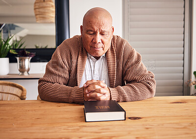 Buy stock photo Bible book, praying or old man for holy worship, support or hope in Christianity faith in retirement. Prayer, gospel or catholic senior person studying, reading or learning God in spiritual religion